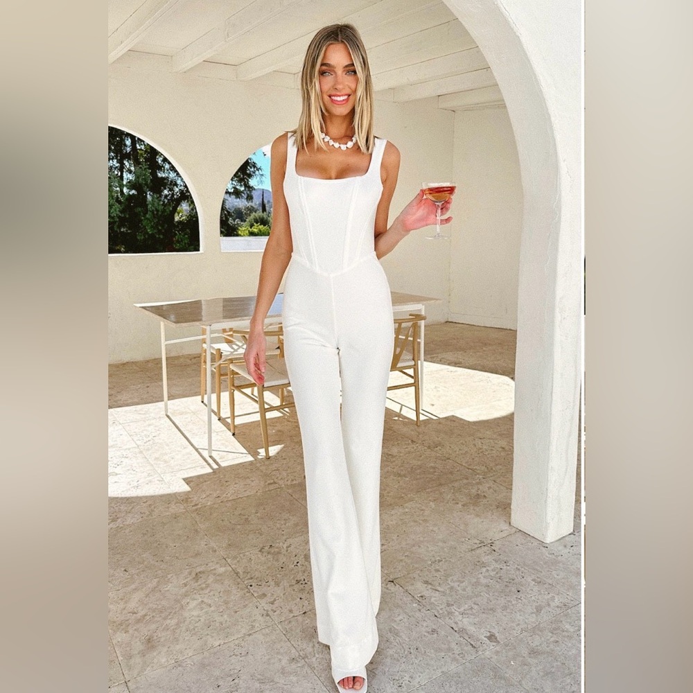 Show Me Your Mumu Nina Jumpsuit Small White‎ Wide Leg Bridal Chic NWOT